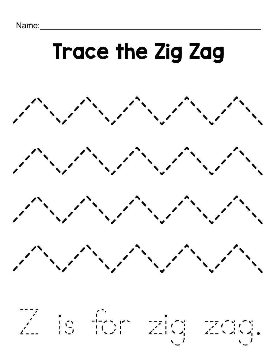 Trace the Zig Zag: students trace four rows of dashed zig zag lines and the sentence Z is for zig zag to practise Z strokes