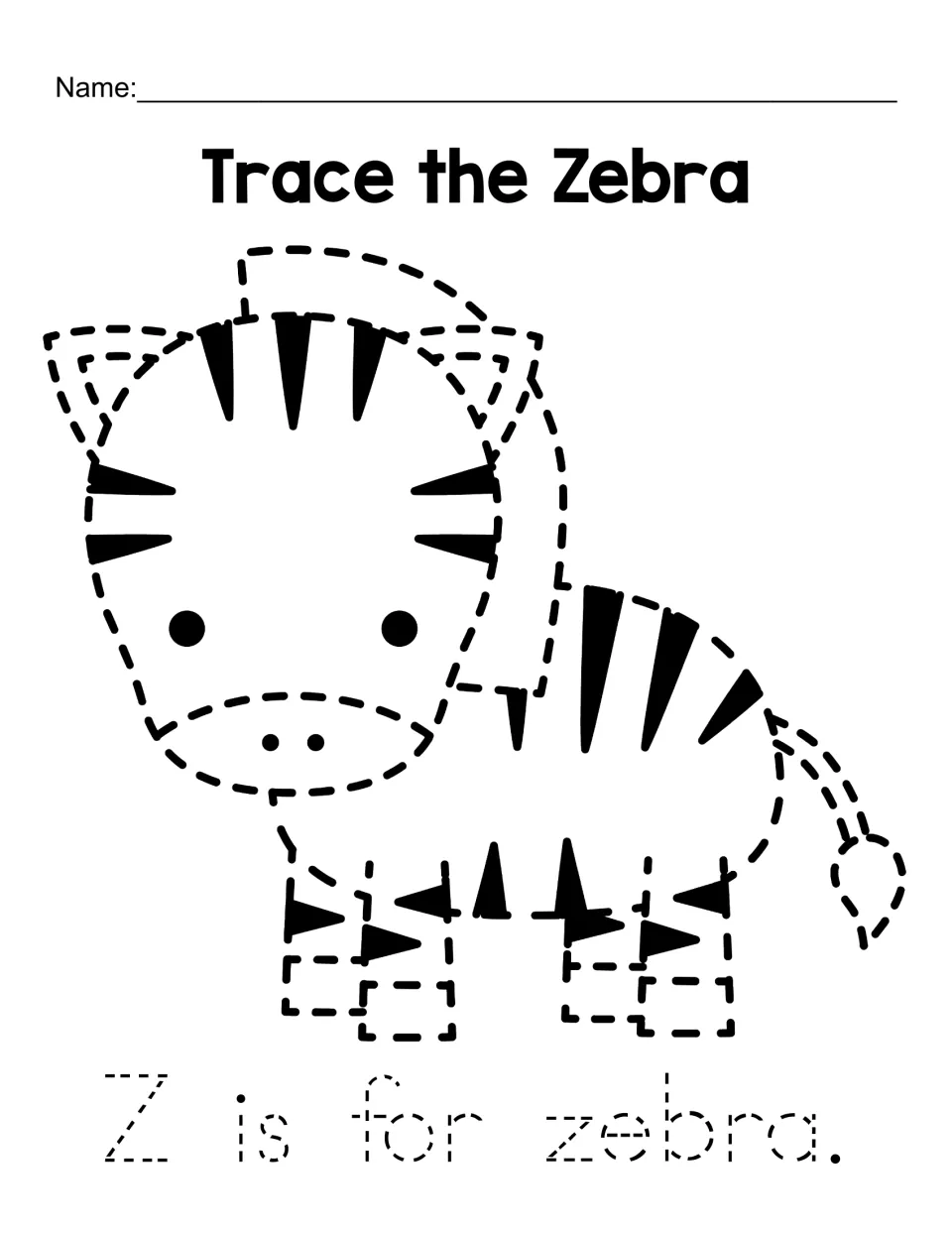 Trace the Zebra: students trace a dashed zebra with solid stripes, then trace the sentence Z is for zebra