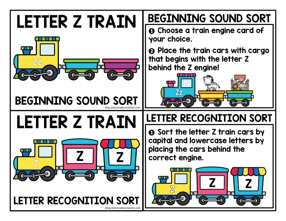 Directions for two letter Z train sorts: place Z picture cargo behind an engine and sort letters by case.