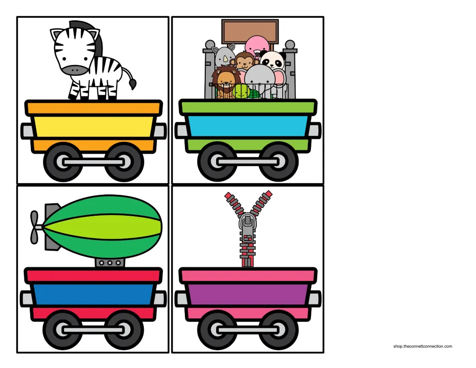 Beginning Z sound train cargo cards 1–4 show a zebra, zoo, zeppelin, and zipper to place behind an engine.