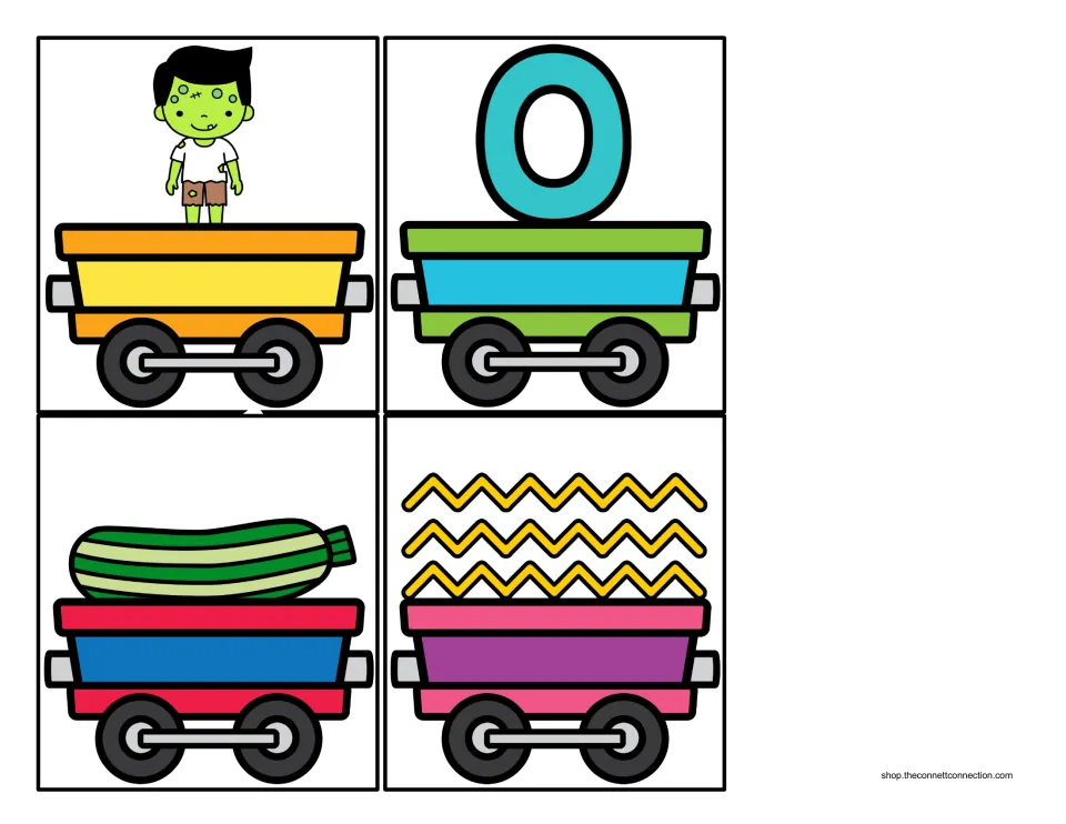 Beginning Z sound train cargo cards 5–8 show a zombie, zero, zucchini, and zigzags for the picture sort.