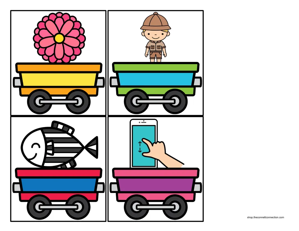 Beginning Z sound train cargo cards 9–12 show a zinnia, zookeeper, zebrafish, and a phone zoom gesture.