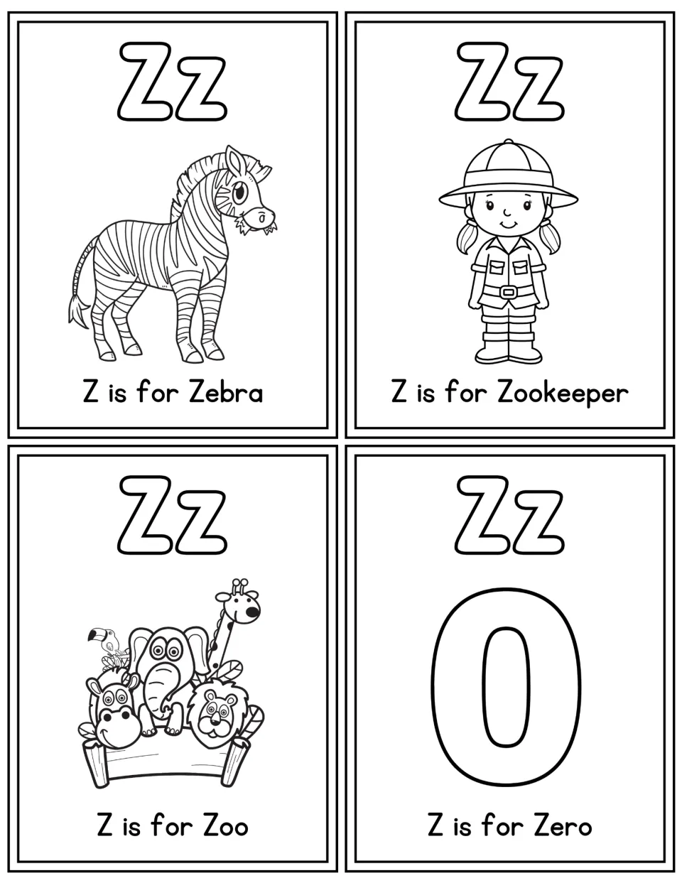 Letter Z coloring cards: zebra, zookeeper, zoo, and zero, each with uppercase Z, lowercase z, and a label