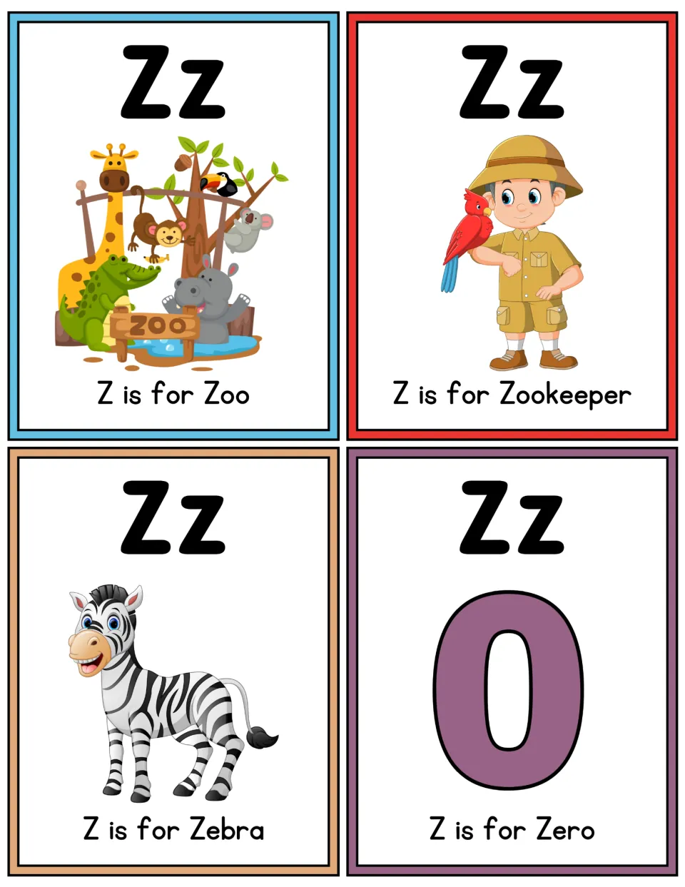 Letter Z color flashcards: zoo, zookeeper, zebra, and zero, each with Zz and a matching 'Z is for' label