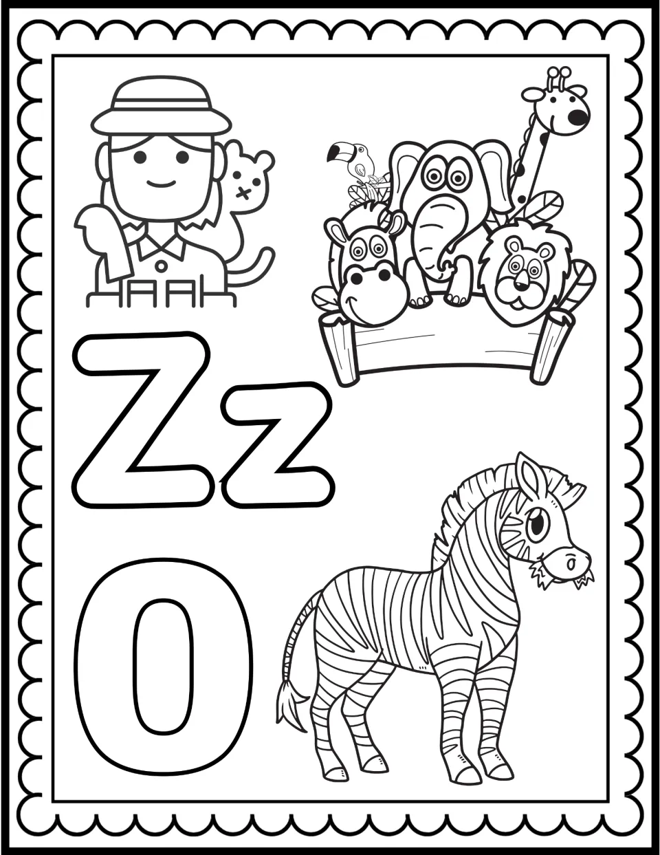 Letter Z coloring page featuring uppercase Z and lowercase z, a zookeeper, zoo animals, a zebra, and zero