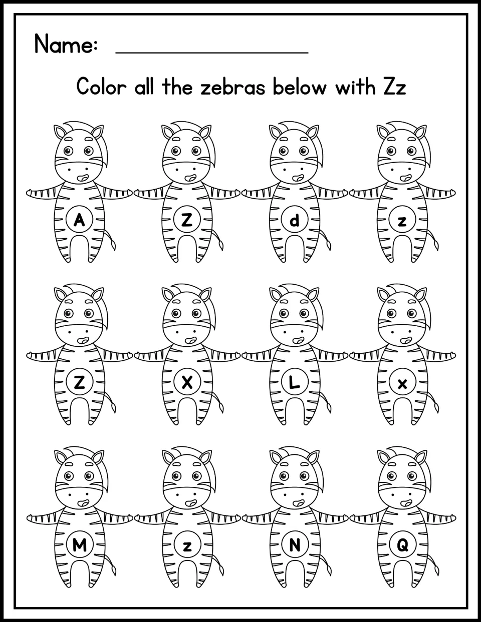 Letter Z recognition activity asks students to color zebras marked Z or z among 12 zebras bearing letters