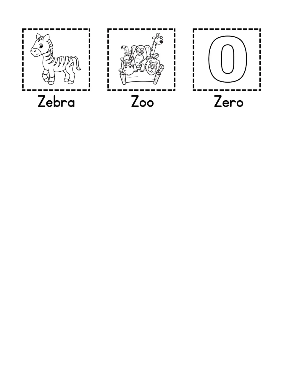 Three labeled picture cutouts for the letter Z cut-and-paste activity: Zebra, Zoo, and Zero shown as 0