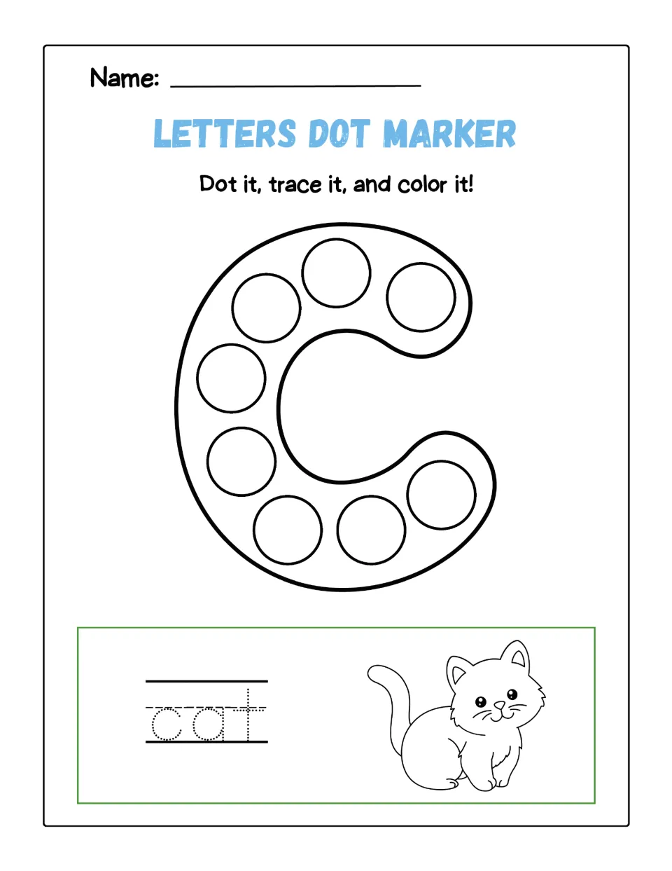 Letter C dot marker practice: students fill 8 circles along a curved C, then trace the word cat and color a smiling kitten