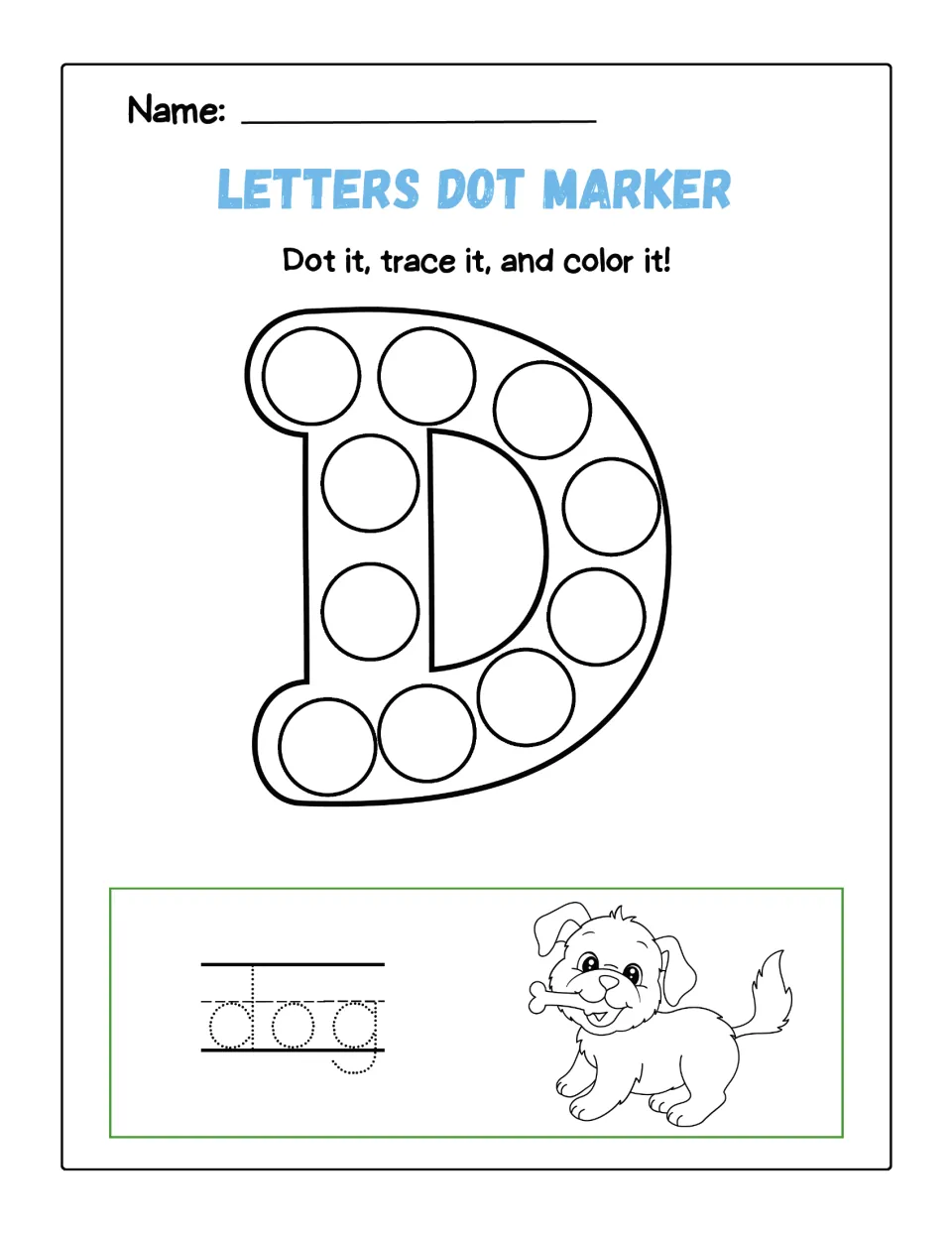 Letter D dot marker practice: students dot 10 circles in a capital D, trace the word dog and color a puppy holding a bone