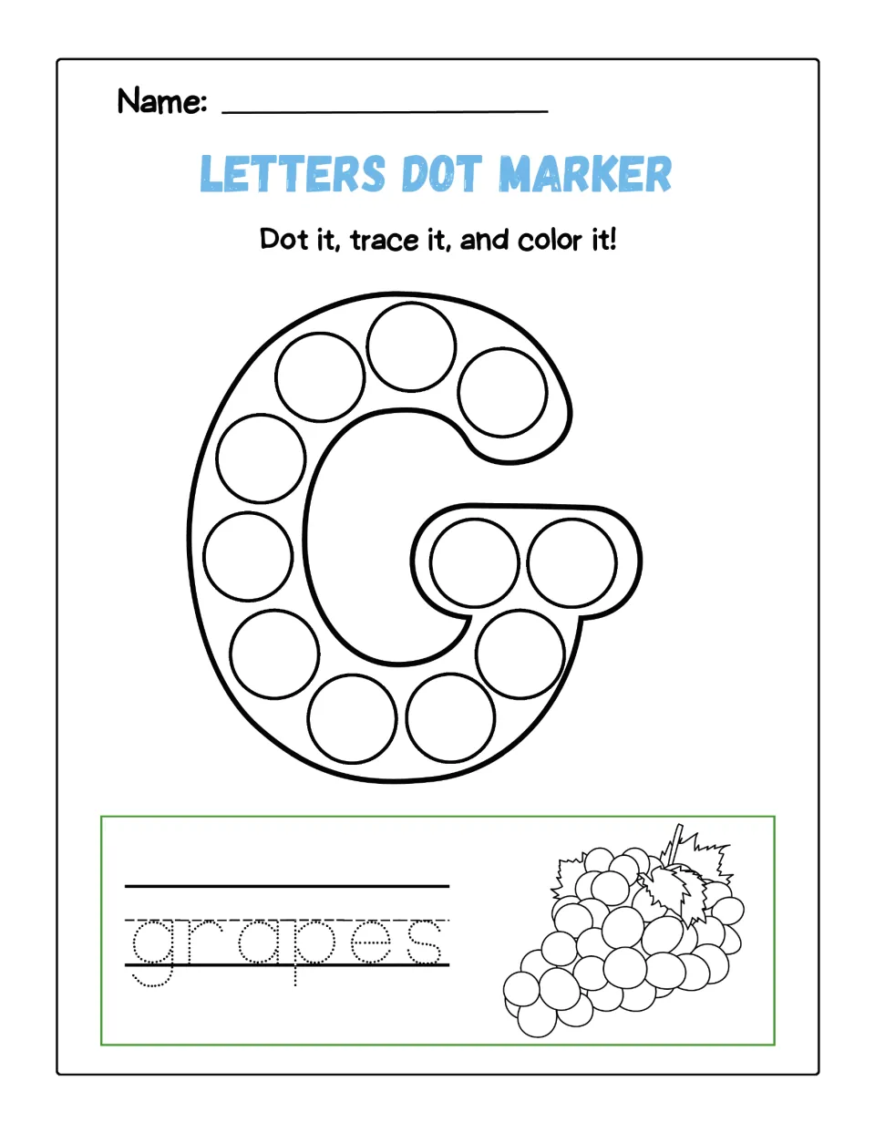 Letter G dot marker practice: students dot 11 circles in a capital G, trace the word grapes and color a bunch of grapes