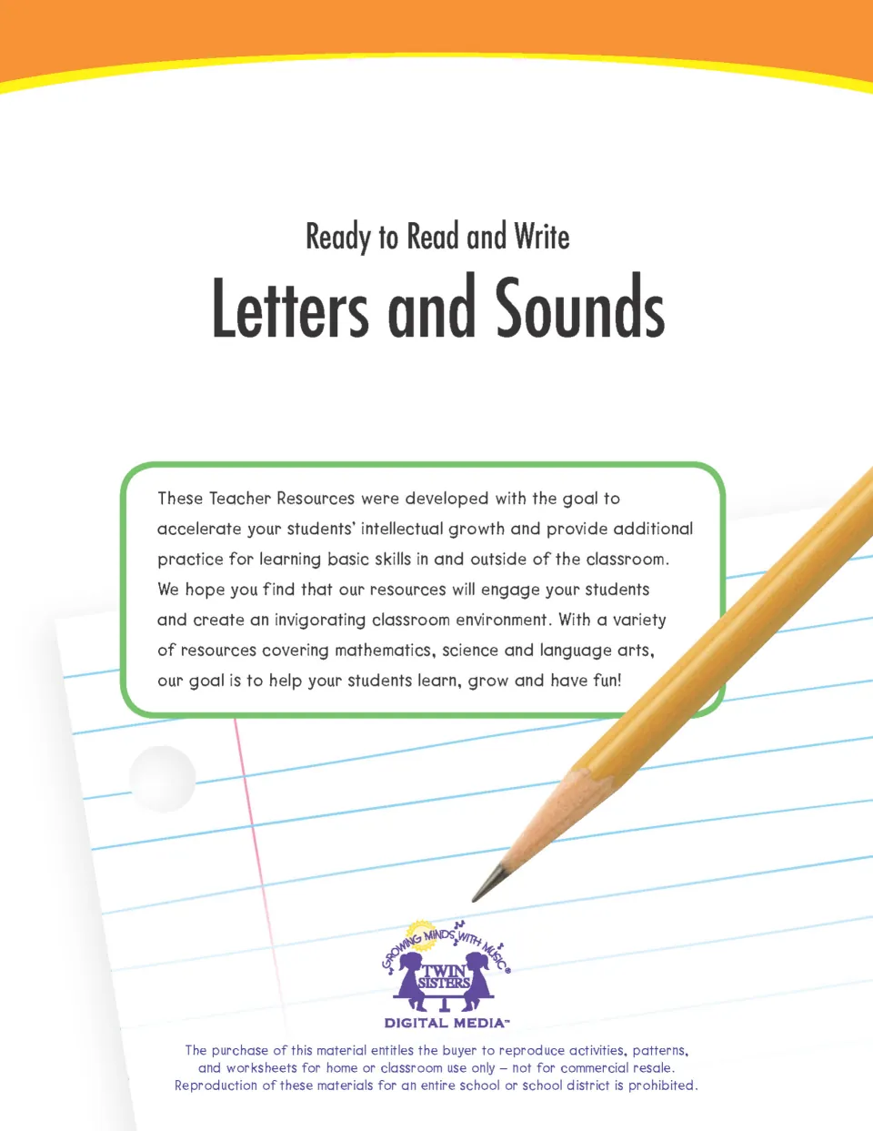 Ready to Read and Write: Letters and Sounds cover from Twin Sisters, with a note to teachers and classroom-use terms