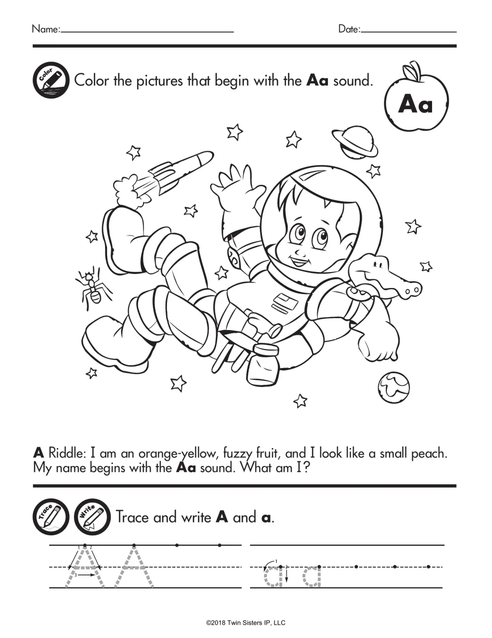 Letter Aa sound: students color astronaut pictures starting with Aa, solve a fruit riddle, then trace and write A and a