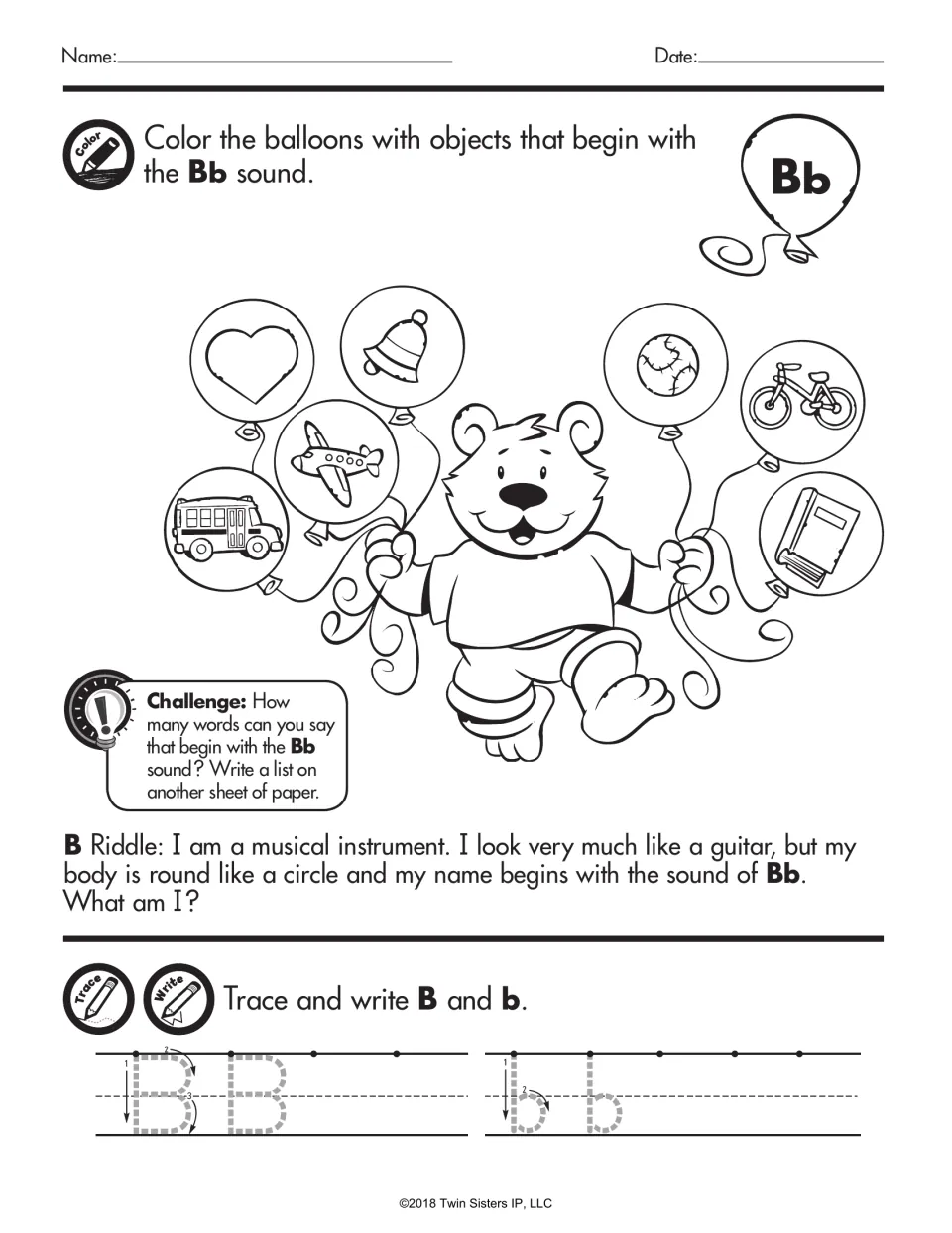 Letter Bb sound: students color balloons showing Bb objects like bus, bell, book and bike, answer a riddle, trace B and b