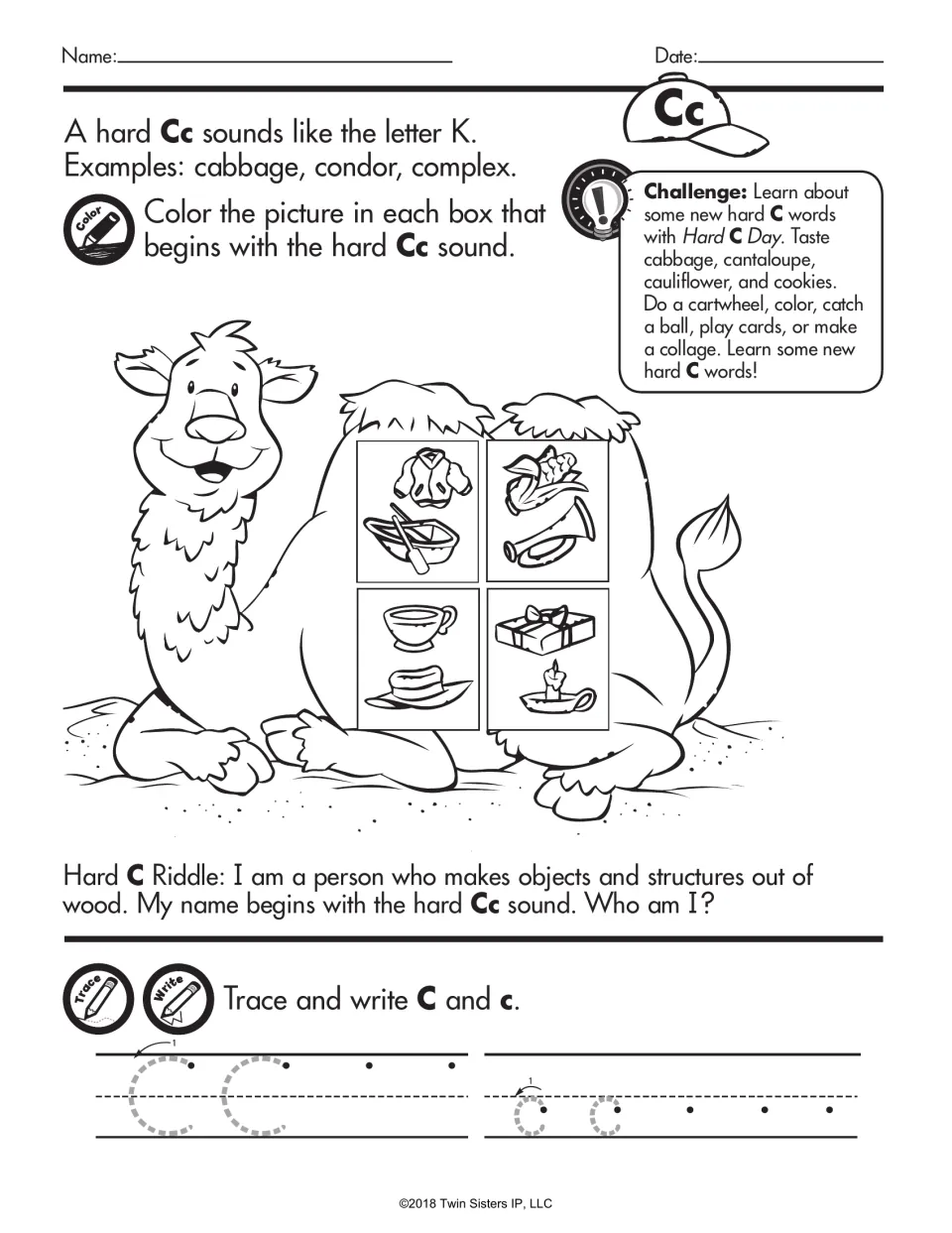 Hard Cc sound like K: students color the hard C picture in each of four boxes on a camel, solve a riddle, trace C and c
