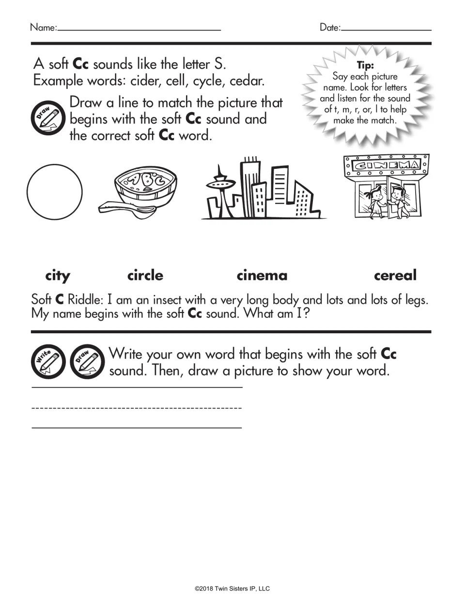 Soft Cc sound like S: students match circle, cereal, city and cinema pictures to words, then write and draw a soft C word