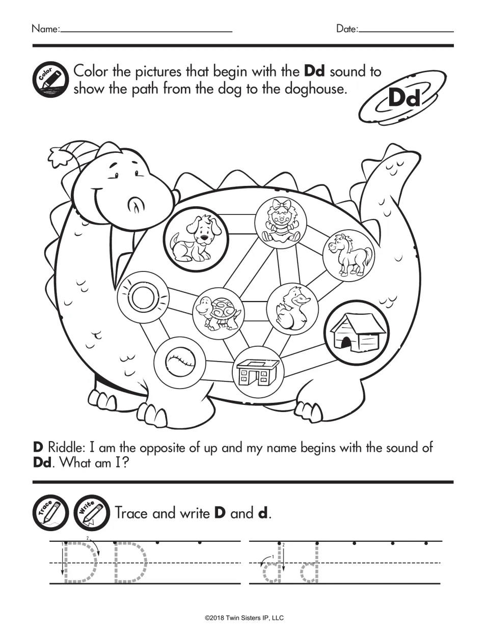 Dd sound: students color Dd pictures on a dinosaur to make a path from dog to doghouse, solve a riddle, trace D and d