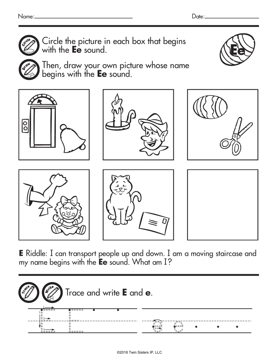 Letter Ee sound: students circle the Ee picture in each of five boxes, like elevator, elf and egg, draw an Ee picture