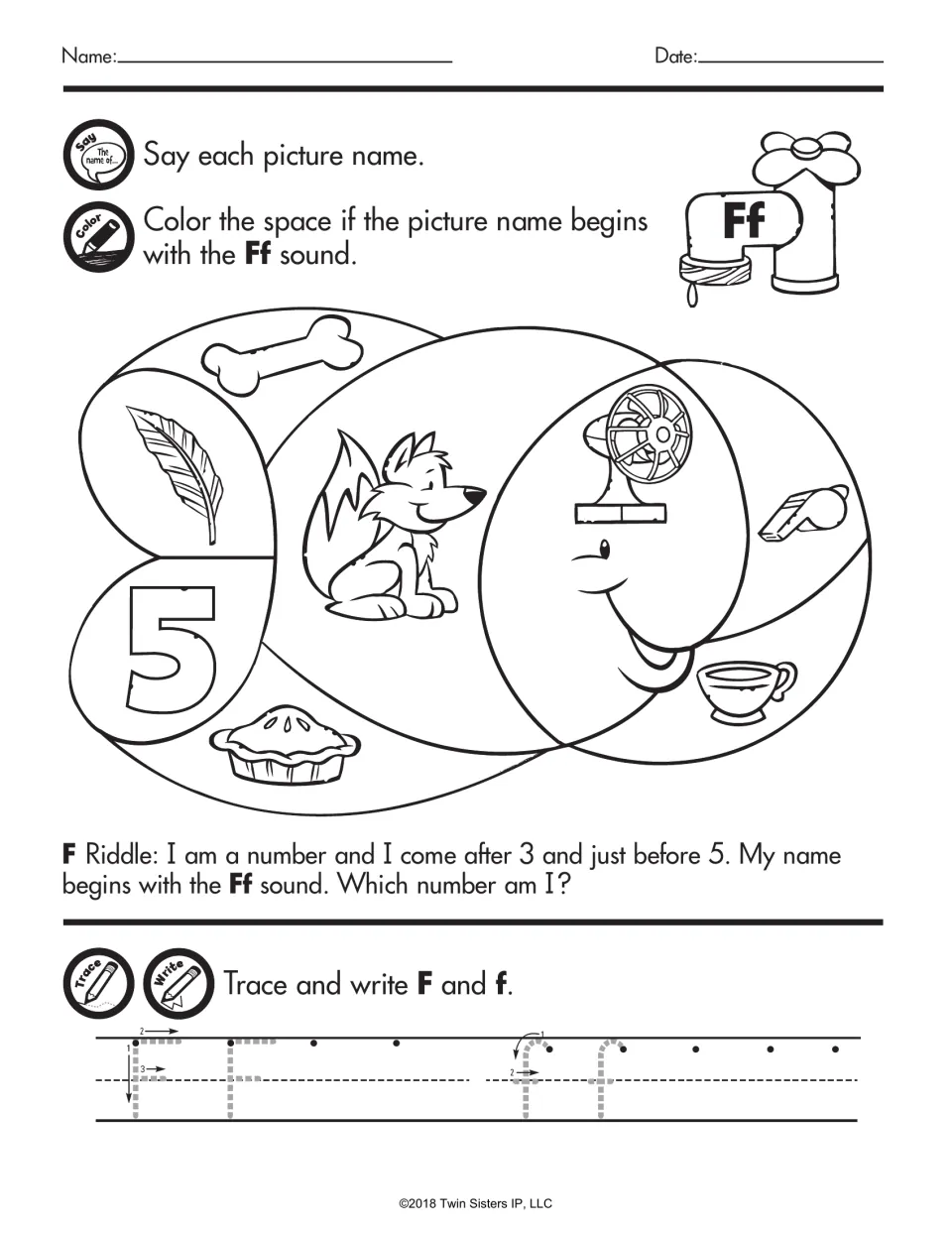 Ff sound: students say each picture name and color spaces showing Ff items like fox, feather and fan, then trace F and f