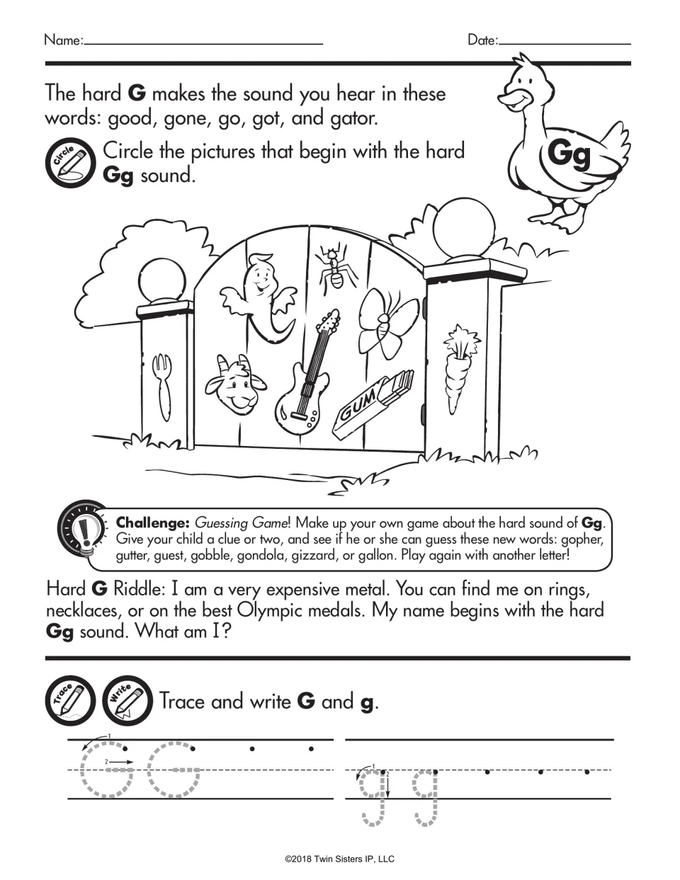 Hard Gg sound: students circle hard G pictures on a garden gate, such as goat, ghost, guitar and gum, then trace G and g