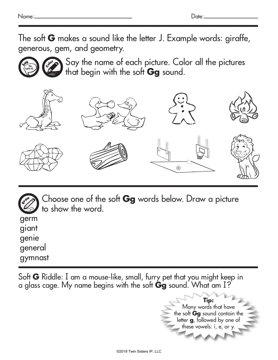 Soft Gg sound like J: students color soft G pictures like giraffe, gingerbread man and gems, draw a germ, giant or genie