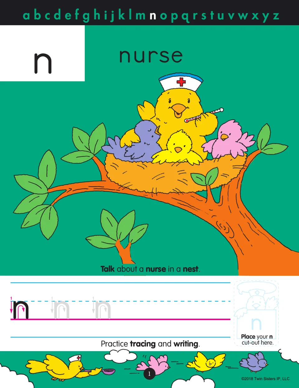 Letter n for nurse: students talk about a bird nurse in a nest, then trace and write lowercase n using stroke arrows