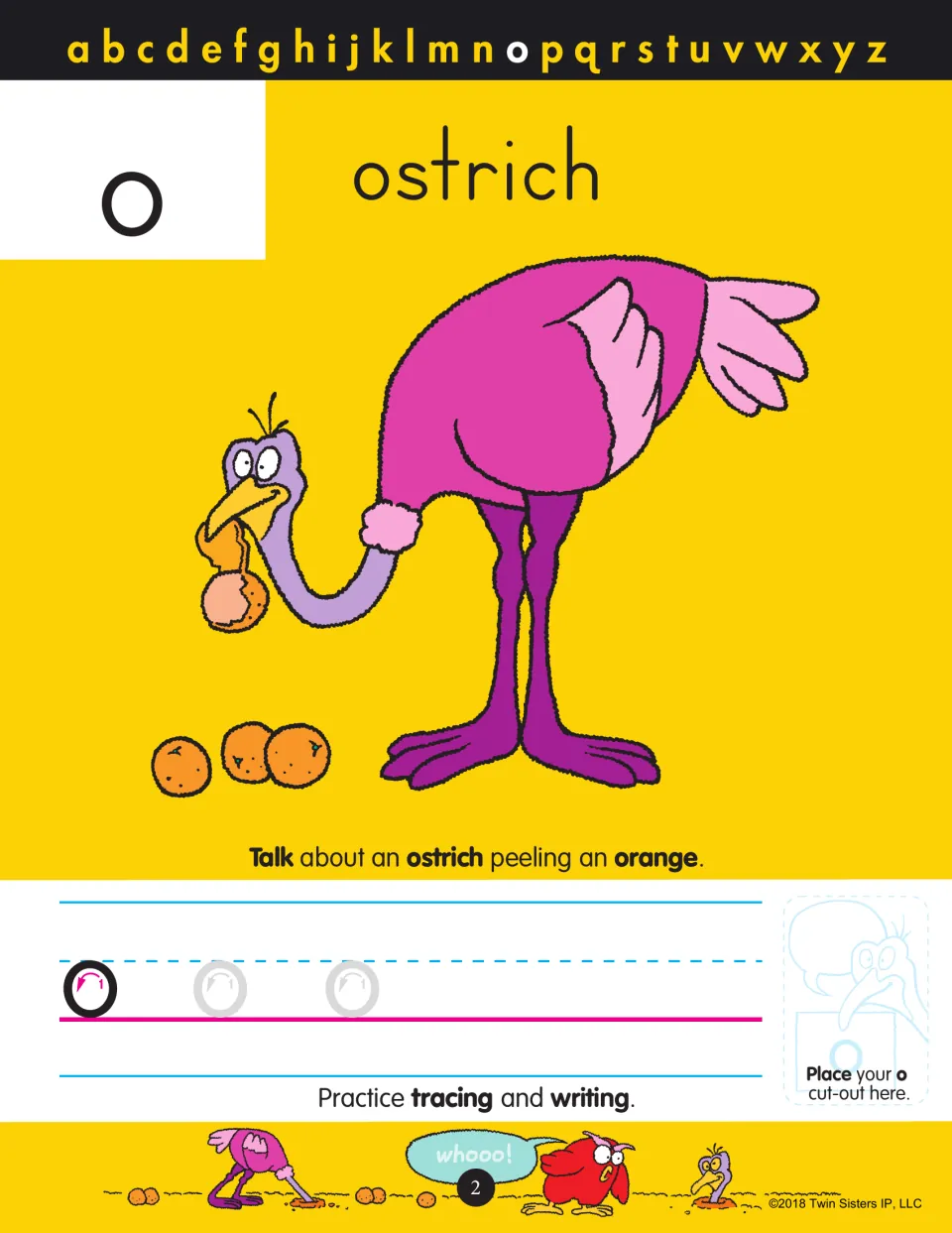 Letter o for ostrich: children discuss an ostrich peeling an orange, then trace o with arrows and practise writing it
