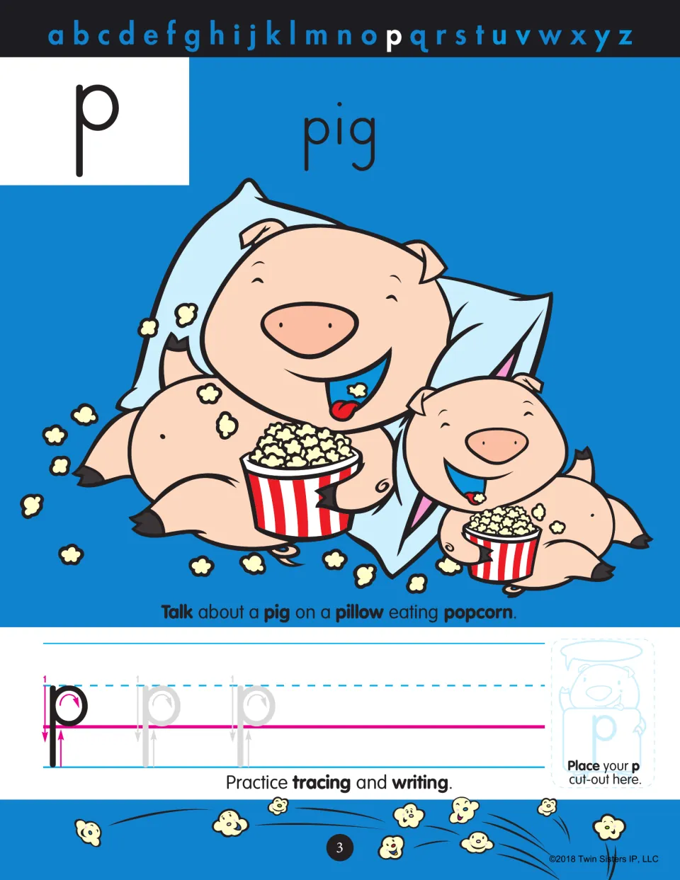 Letter p for pig: learners describe pigs on a pillow eating popcorn, then trace and write lowercase p with stroke order