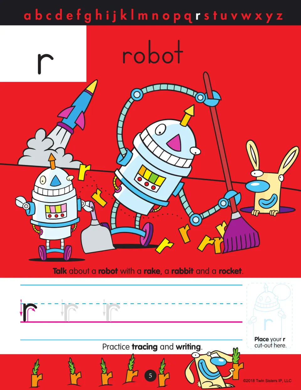 Letter r for robot: kids discuss robots with a rake, a rabbit and a rocket, then trace r along the arrows and write it
