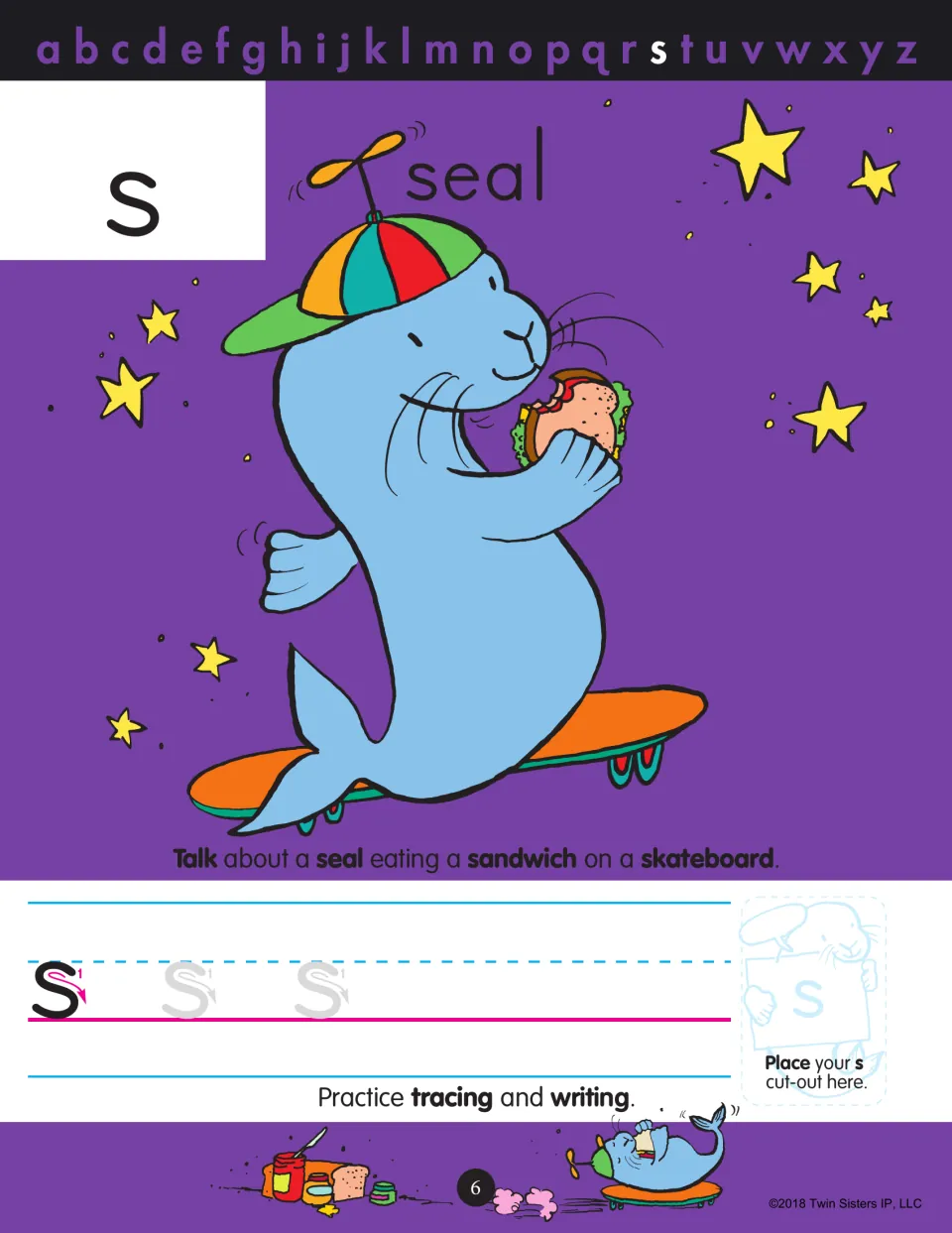 Letter s for seal: students describe a seal eating a sandwich on a skateboard, then trace and write lowercase s