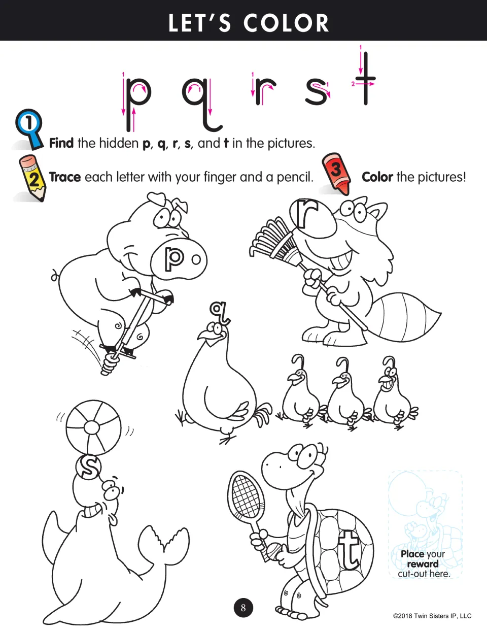 Let's Color review of p, q, r, s and t: students find the letters hidden in animal pictures, trace each one and color