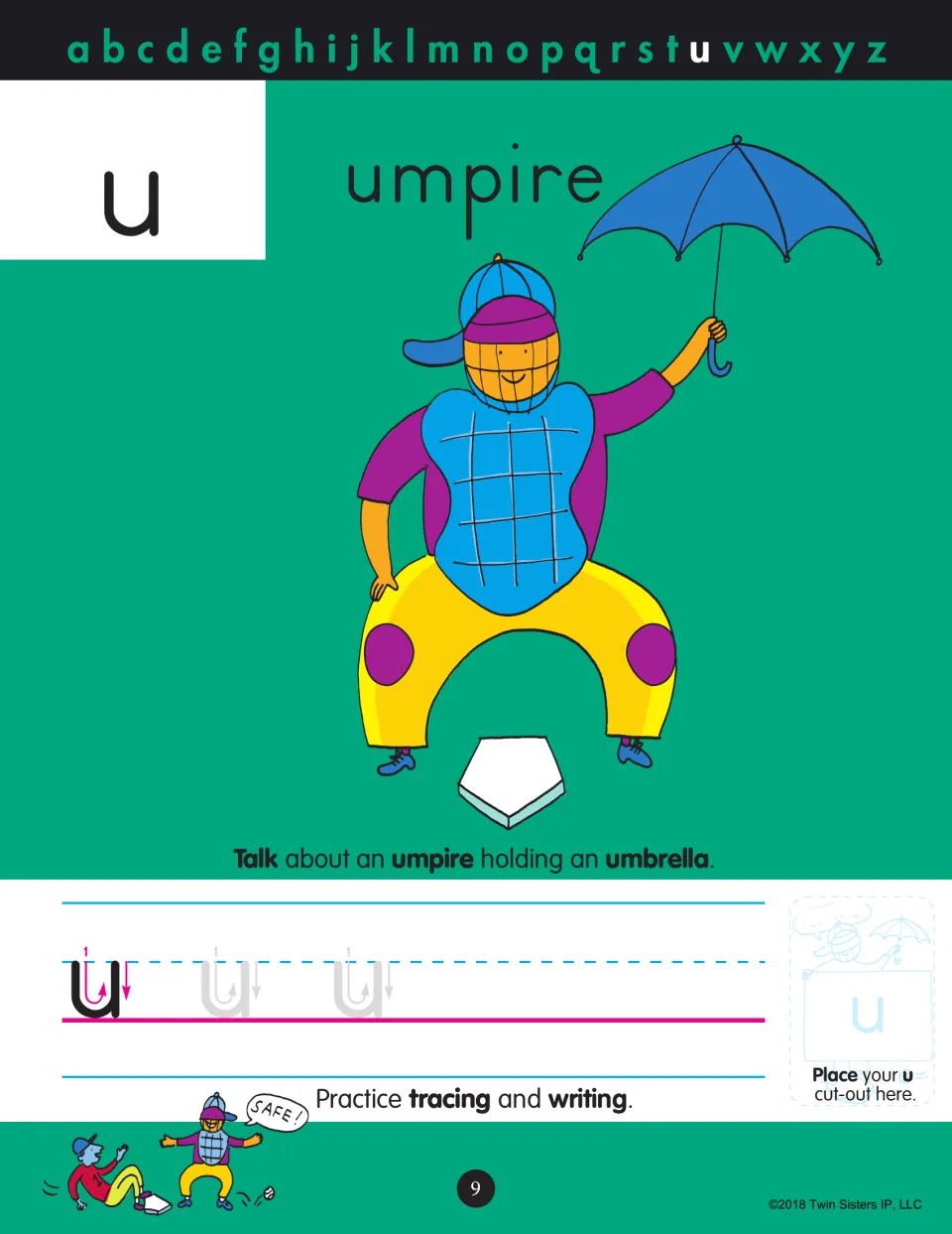 Letter u for umpire: students talk about an umpire holding an umbrella at home plate, then trace and write lowercase u
