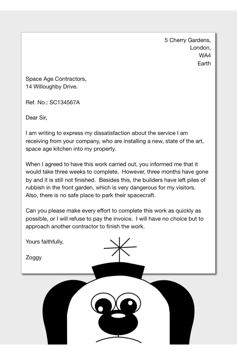 Complaint letter to Space Age Contractors about a space age kitchen installation still unfinished after three months