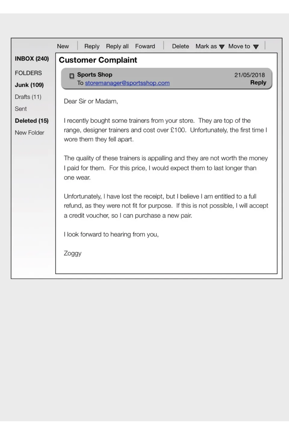 Customer complaint email to a sports shop asking for a refund or voucher after designer trainers fell apart on first wear