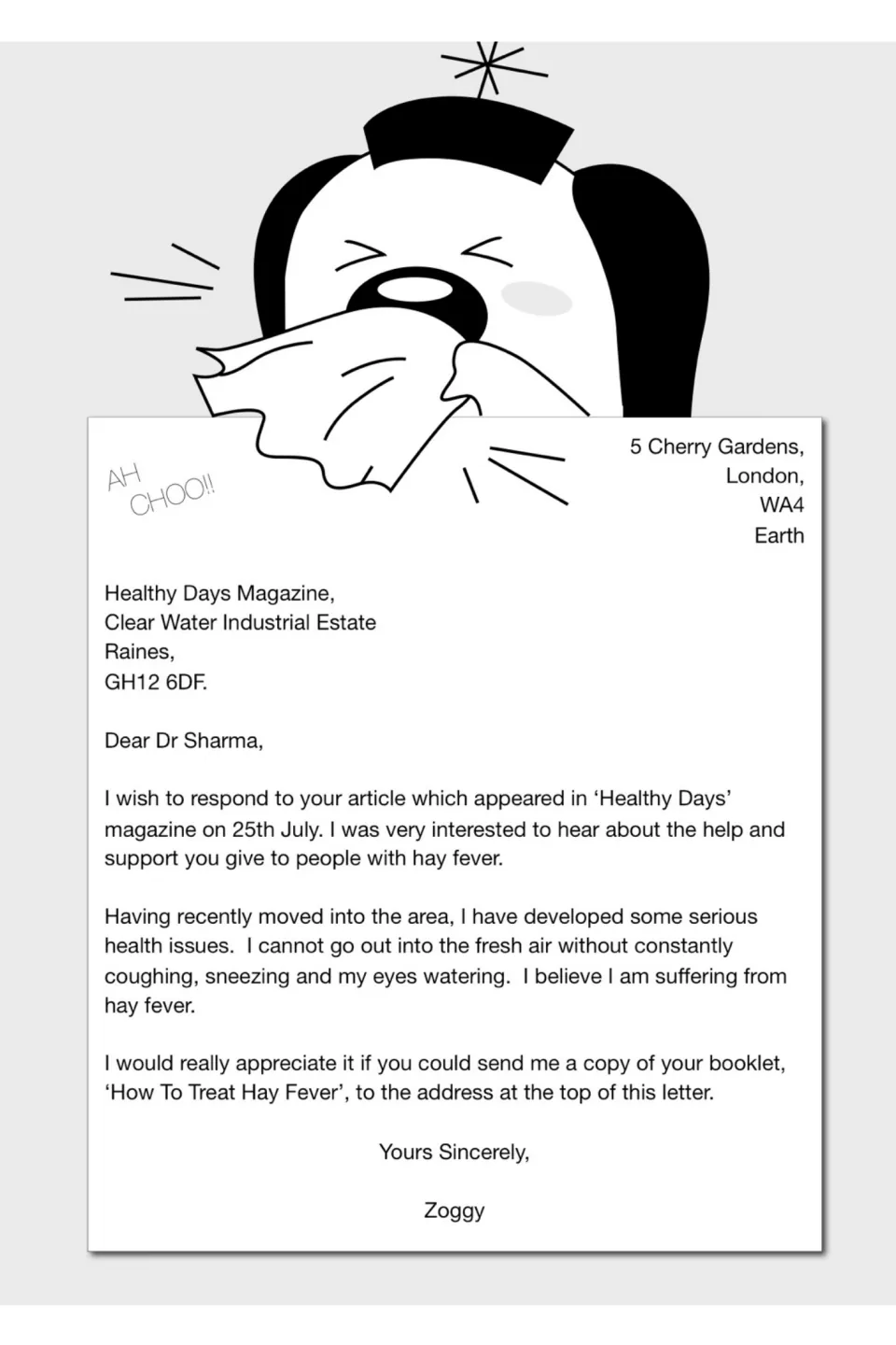 Request letter to Dr Sharma at Healthy Days Magazine asking for the booklet How To Treat Hay Fever, with a sneezing Zoggy