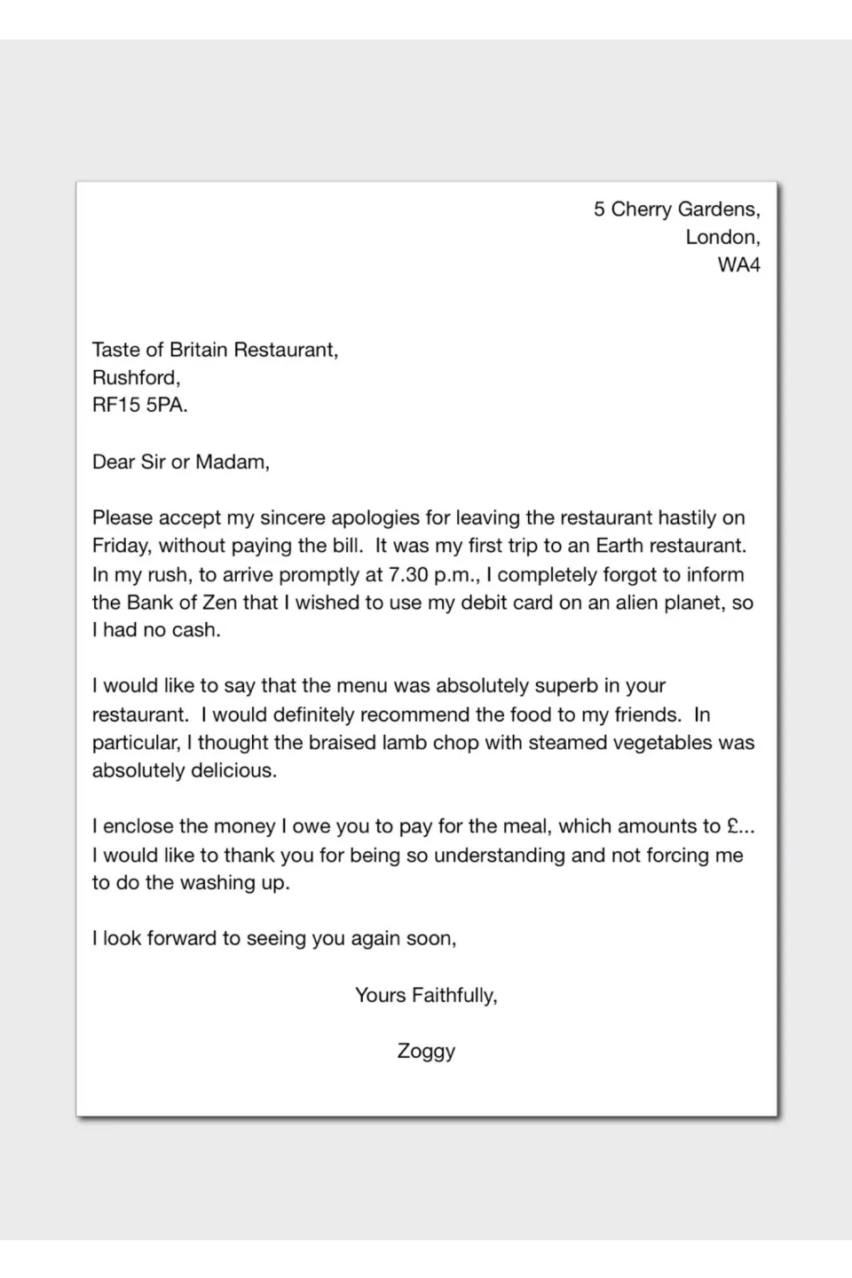 Apology letter to Taste of Britain Restaurant for leaving without paying, praising the food and enclosing the money owed