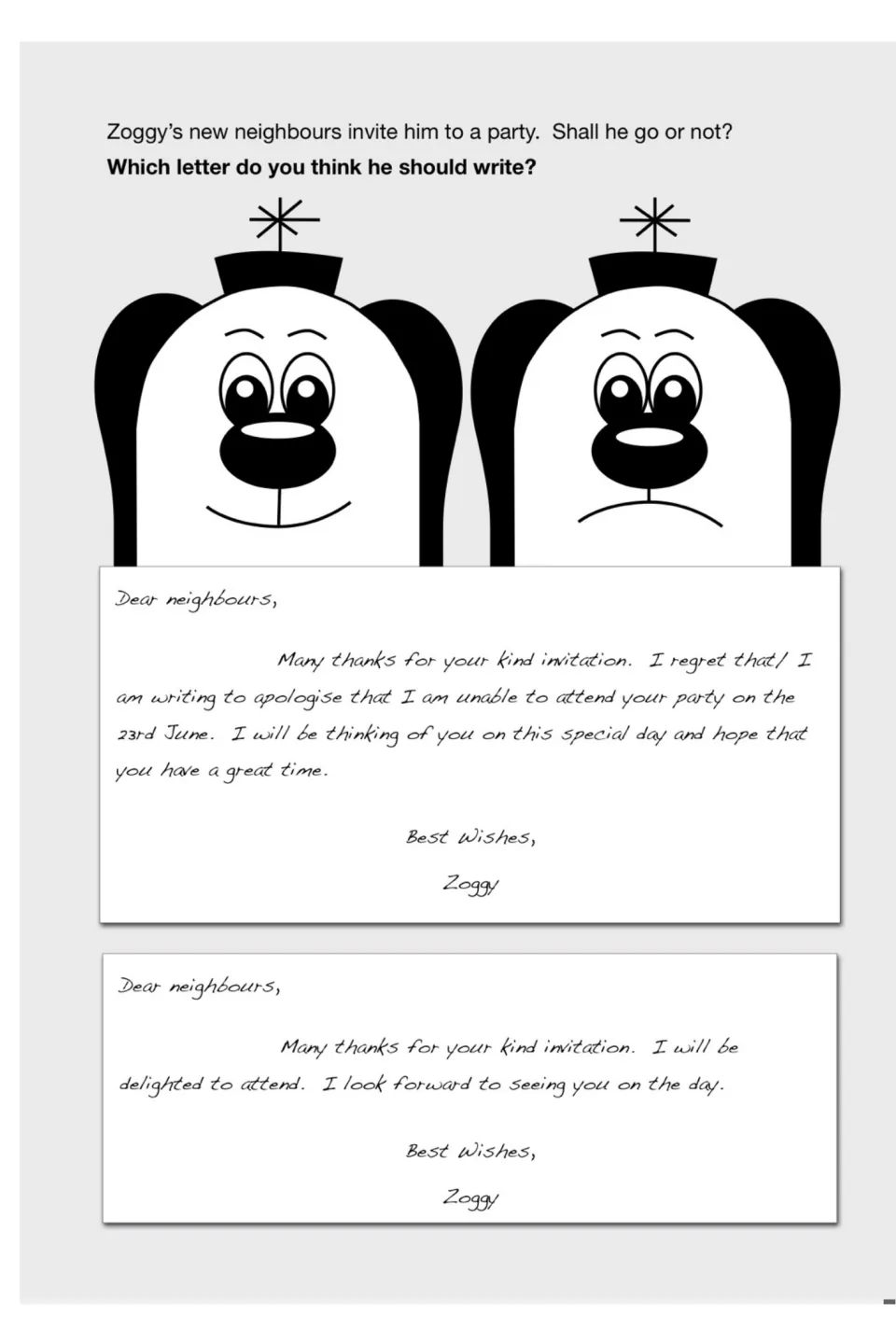 Party invitation replies: students compare Zoggy's letter declining and one accepting, then pick which to send