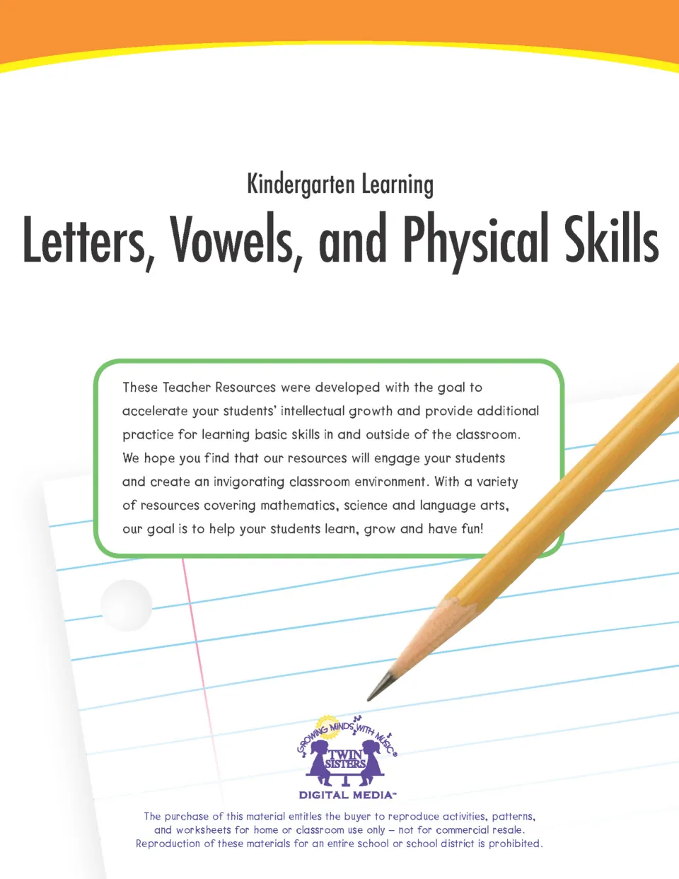 Workbook cover: Letters, Vowels, and Physical Skills, with a Kindergarten Learning label and resource introduction