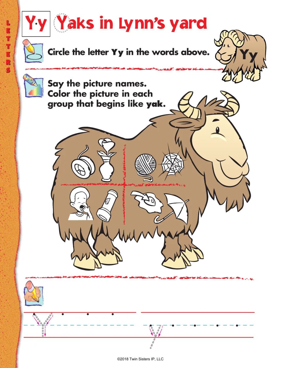 Letter Y practice: find Yy in “Yaks in Lynn’s yard,” color pictures that begin like yak, and write Y and y
