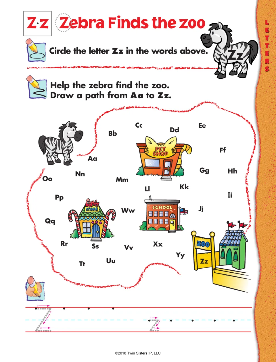 Letter Z practice: find Zz in “Zebra Finds the zoo,” draw an Aa-to-Zz path to the zoo, and write Z and z