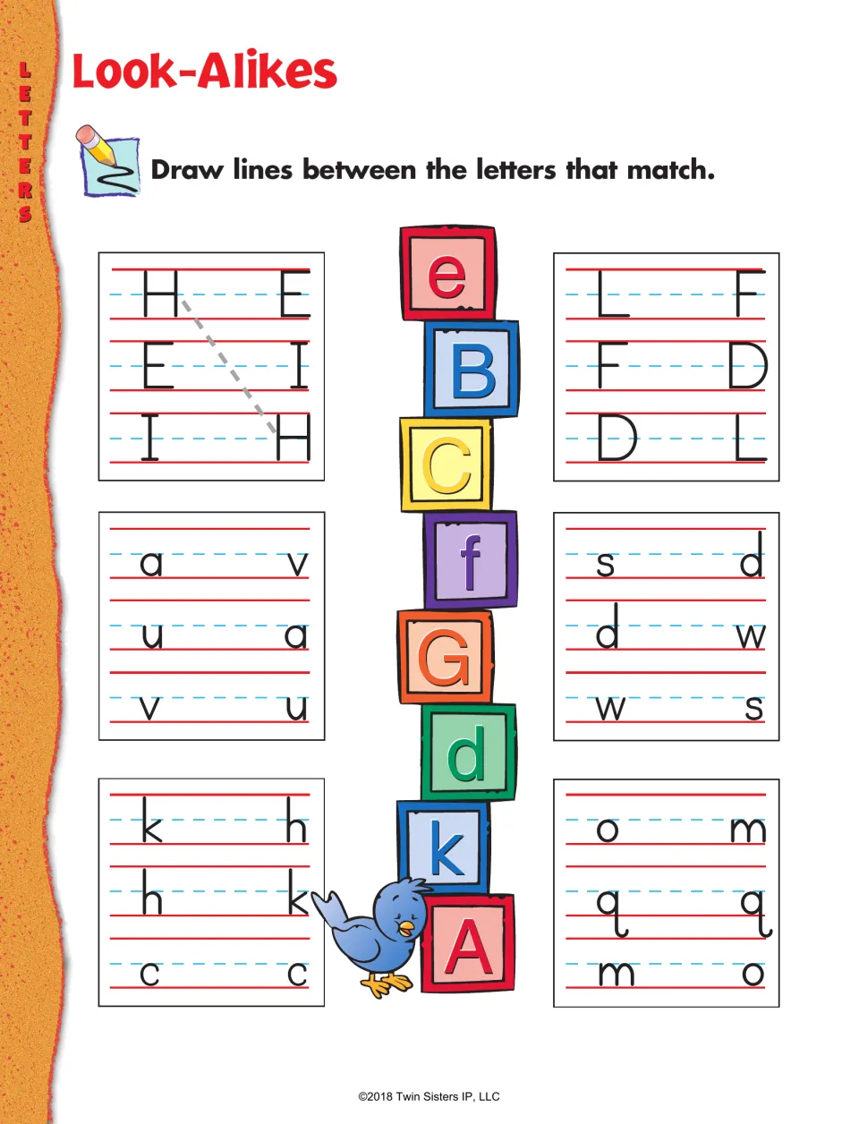 Look-Alikes letter-matching activity: connect identical letters in six groups using uppercase and lowercase forms