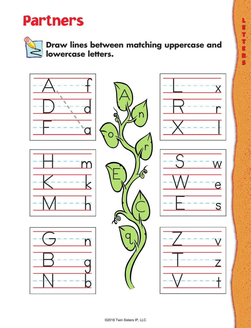 Partners letter-matching activity: connect 18 uppercase letters to their lowercase partners, including A and a