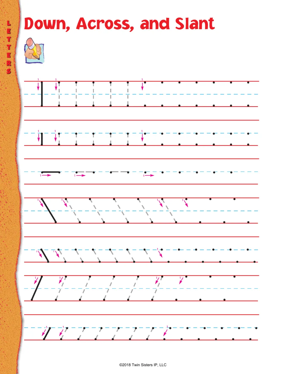 Down, Across, and Slant handwriting practice: trace and draw vertical, horizontal, and diagonal strokes