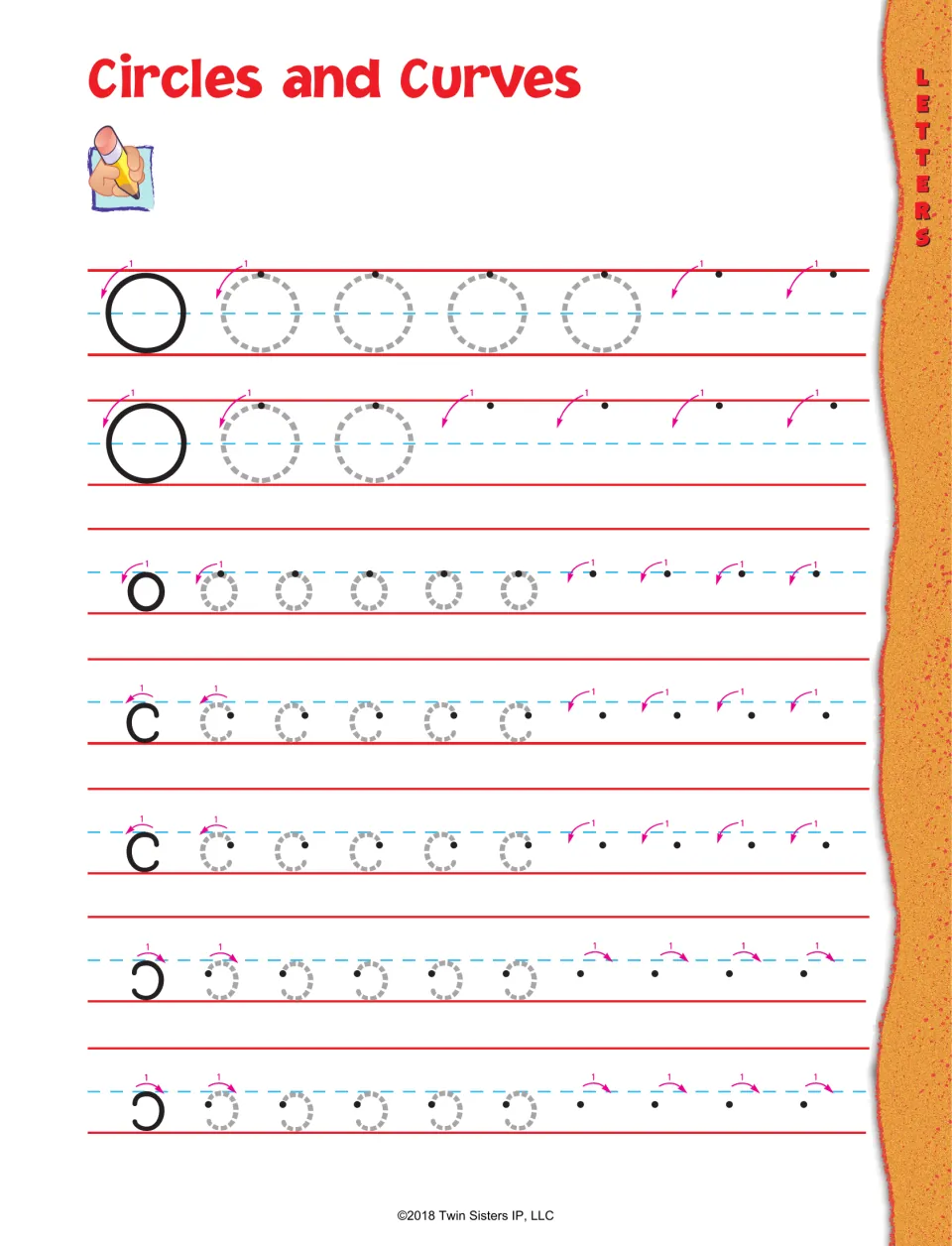 Circles and Curves handwriting practice: trace and draw large and small circles and curves facing both directions