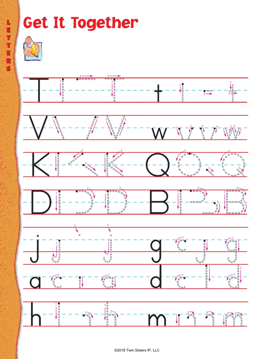 Get It Together handwriting practice: trace strokes to form T, t, V, w, K, Q, D, B, j, g, a, d, h, and m