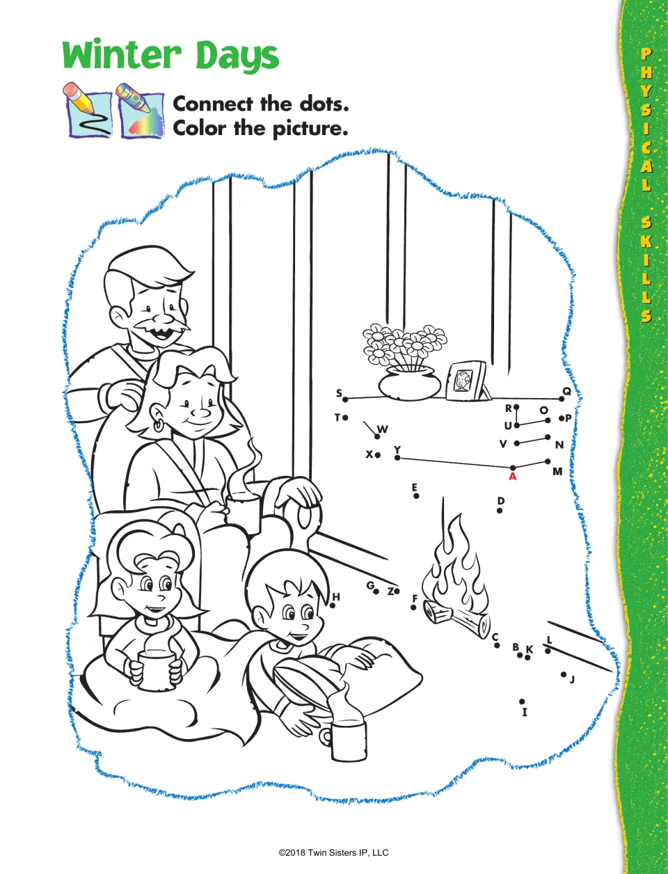 Winter Days physical-skills activity: connect alphabet dots and color a family gathered around a fireplace