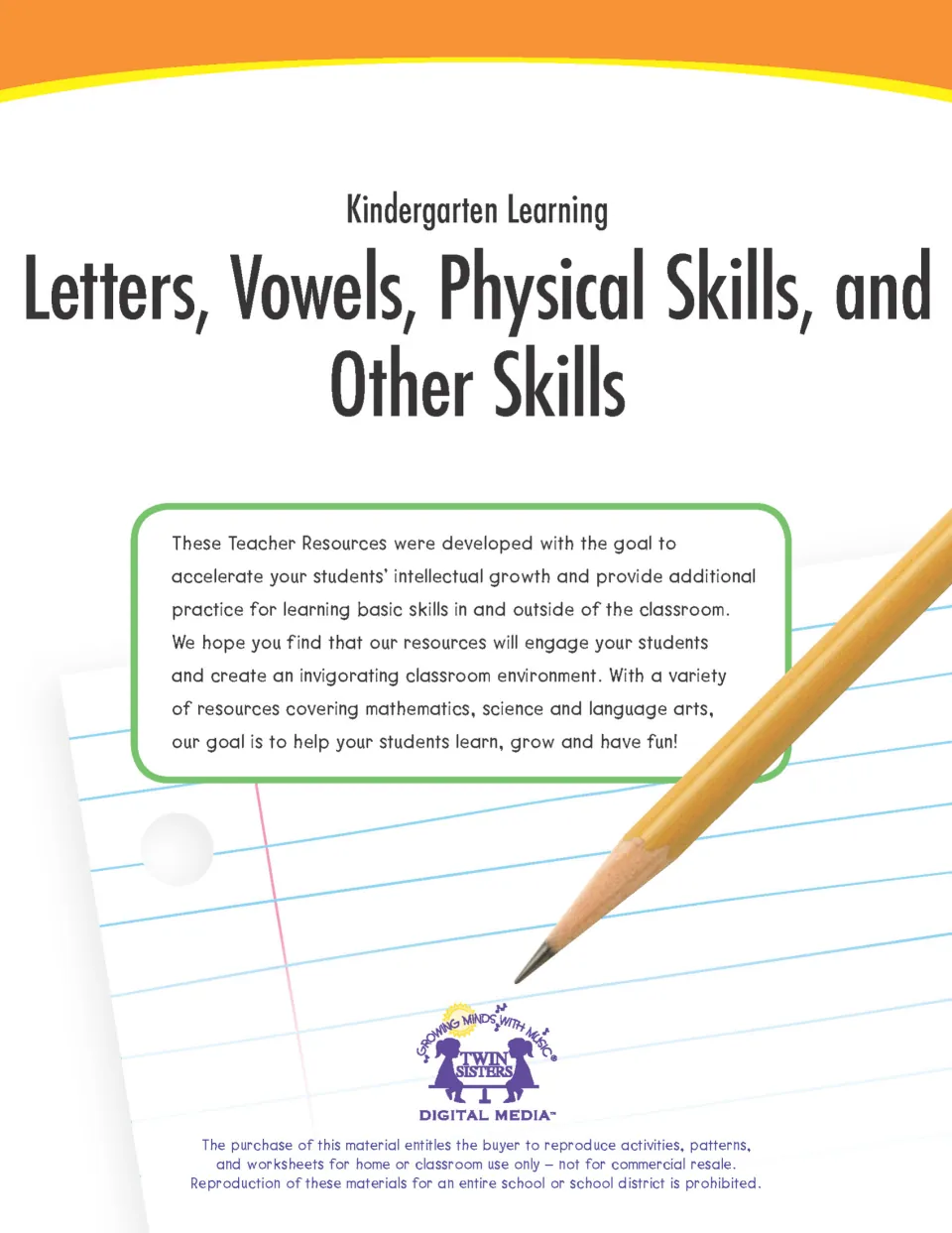 Kindergarten workbook cover introducing practice in letters, vowels, physical skills, and other skills