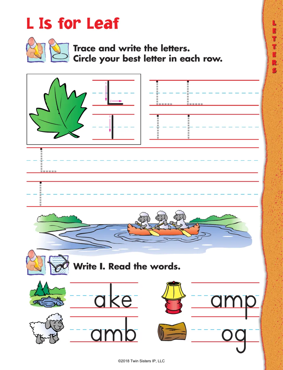 Letter L practice: trace and write uppercase and lowercase L, then complete lake, lamp, lamb, and log