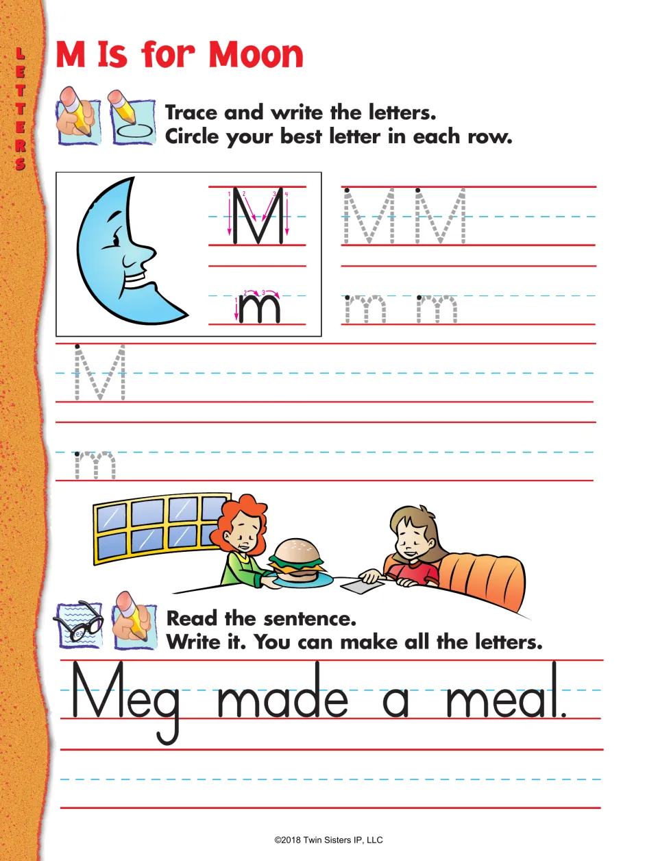 Letter M practice: trace and write uppercase and lowercase M, then read and copy 'Meg made a meal.'