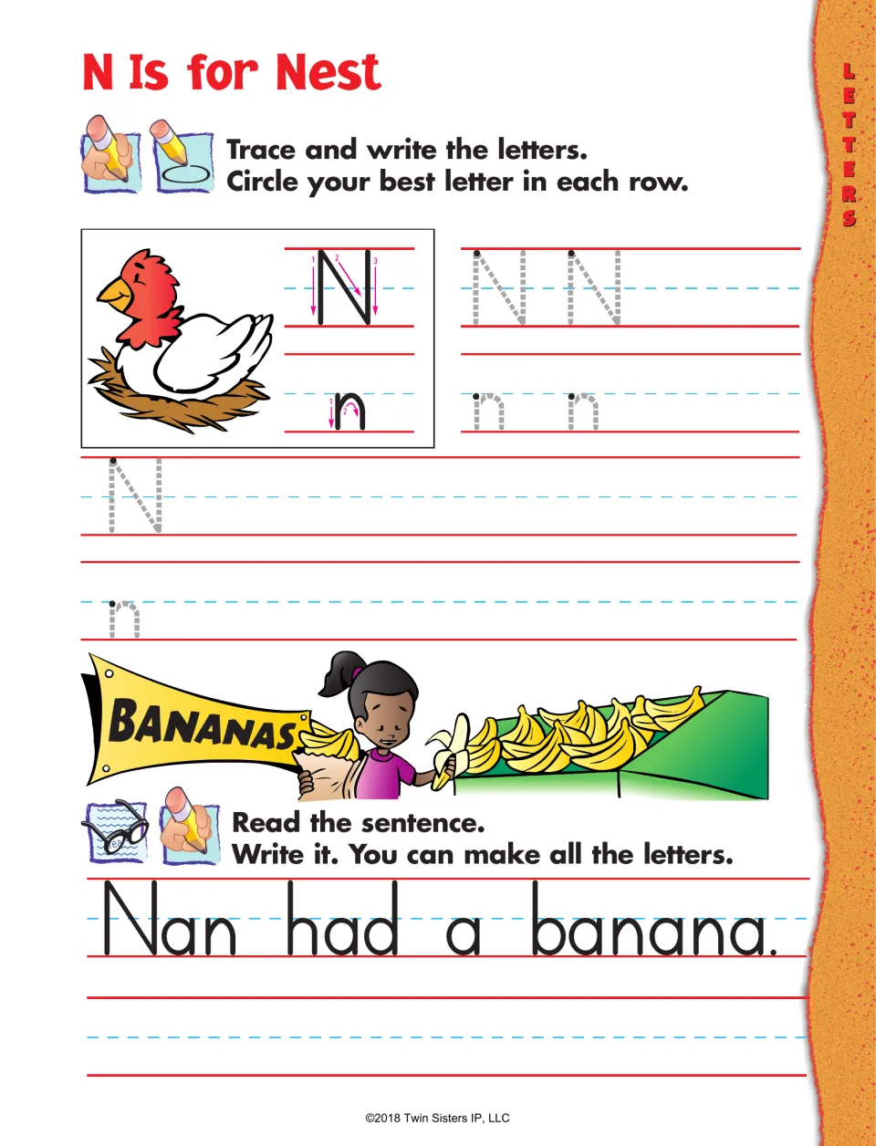Letter N practice: trace and write uppercase and lowercase N, then read and copy 'Nan had a banana.'