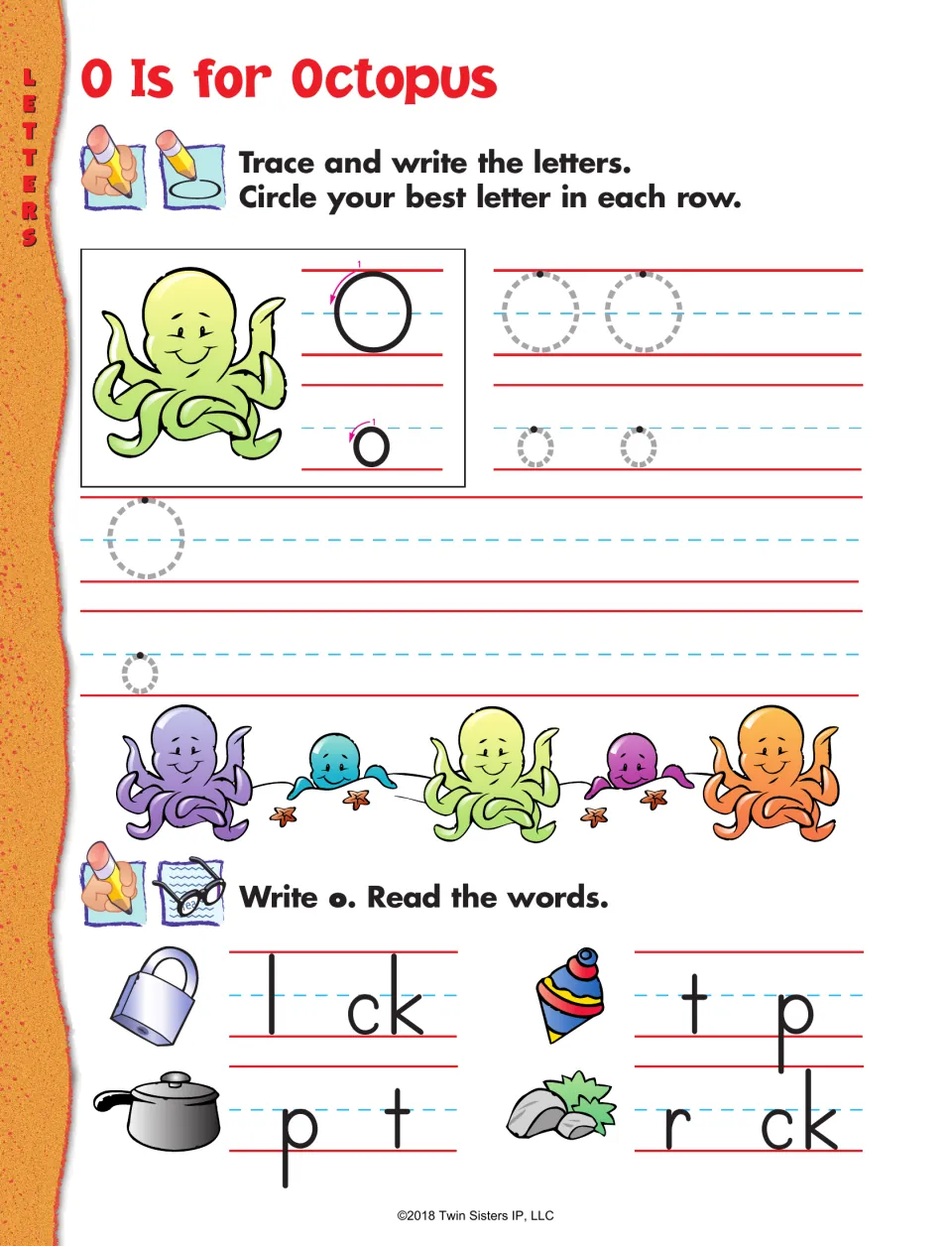 Letter O practice: trace and write uppercase and lowercase O, then complete lock, top, pot, and rock